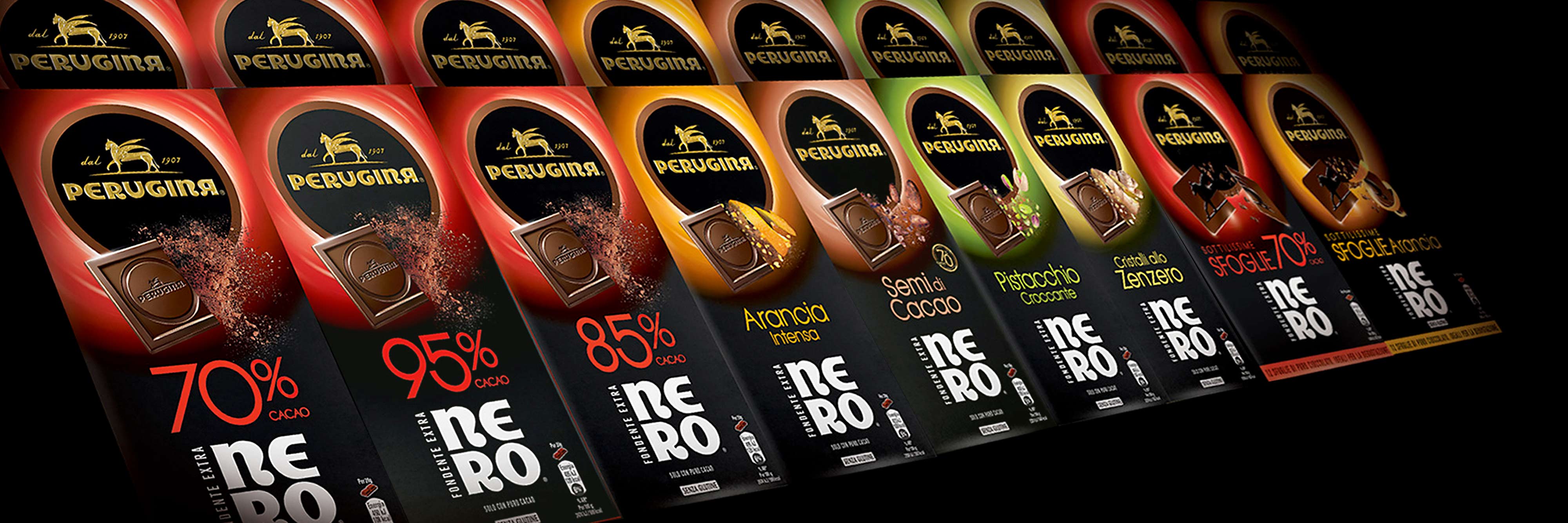 Una fila di tavolette fondenti Nero Perugina ai vari gusti