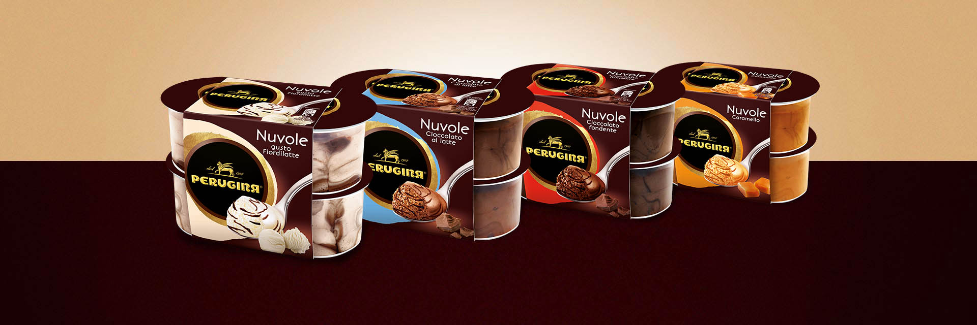 Nuvole Perugina, un raffinato dessert disponibile nelle varianti Fiordilatte, Cioccolato al Latte Cioccolato Fondente e Caramello.