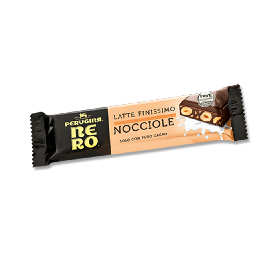 Nero Perugina cioccolato con Nocciole e Latte nel formato barretta. Nero Perugina cioccolato con Nocciole e Latte nel formato barretta.
