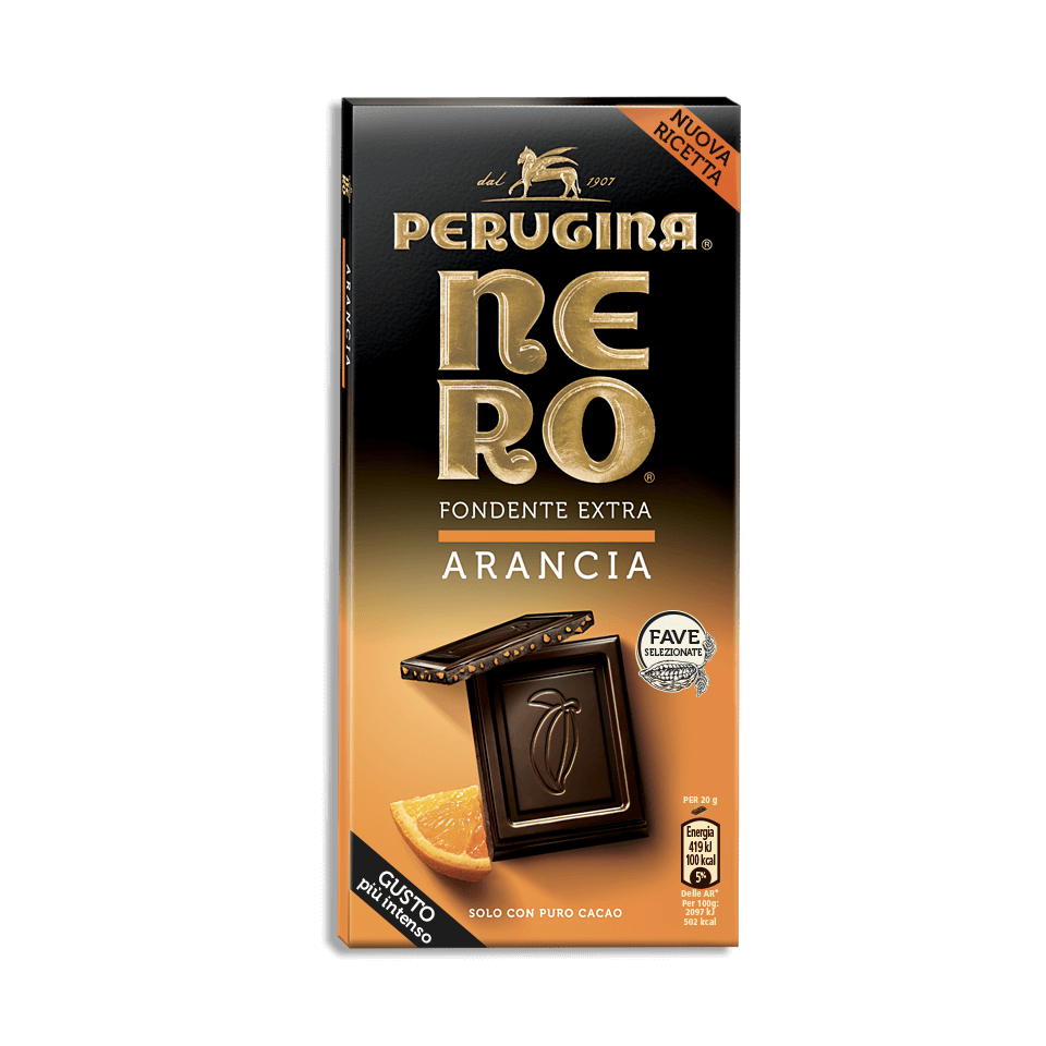 Nero Perugina cioccolato Fondente con note di arancia. Nero Perugina cioccolato Fondente con note di arancia.
