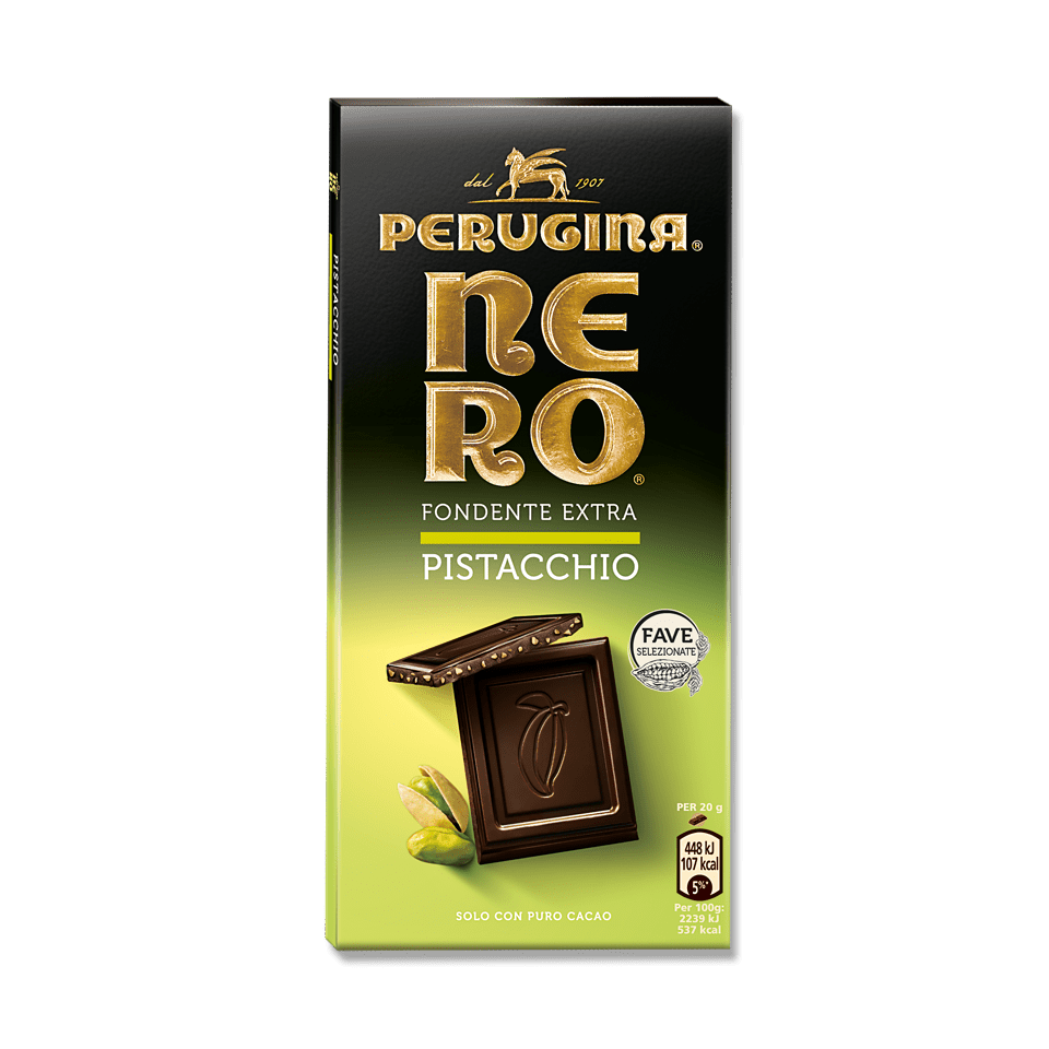Nero Perugina cioccolato Fondente con granella di pistacchio. Nero Perugina cioccolato Fondente con granella di pistacchio.