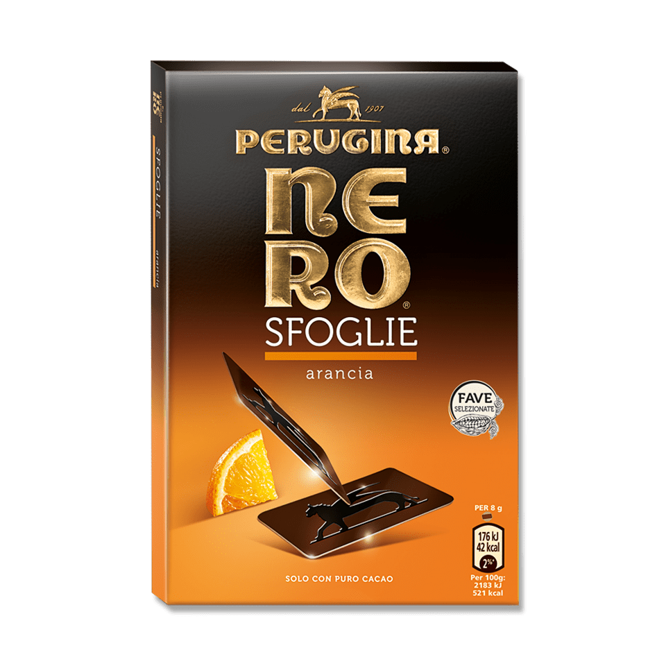 Nero Perugina Sfoglie, cioccolato Fondente con note di arancia. Nero Perugina Sfoglie, cioccolato Fondente con note di arancia.