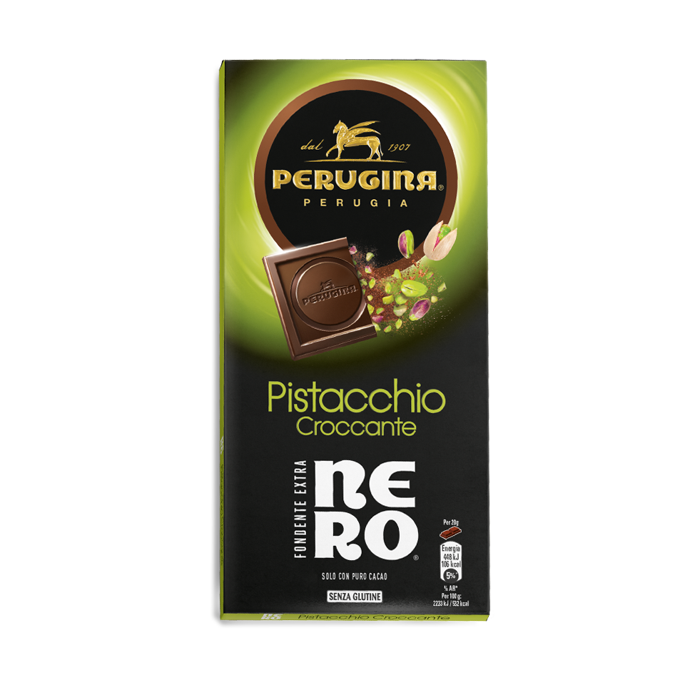 Nero Perugina cioccolato Fondente con granella di pistacchio. Nero Perugina cioccolato Fondente con granella di pistacchio.