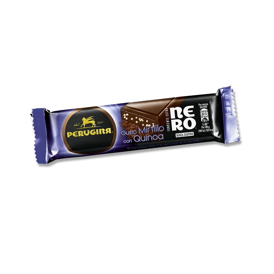 Barretta al cioccolato fondente nero extra mirtillo e quinoa Barretta al cioccolato fondente nero extra mirtillo e quinoa