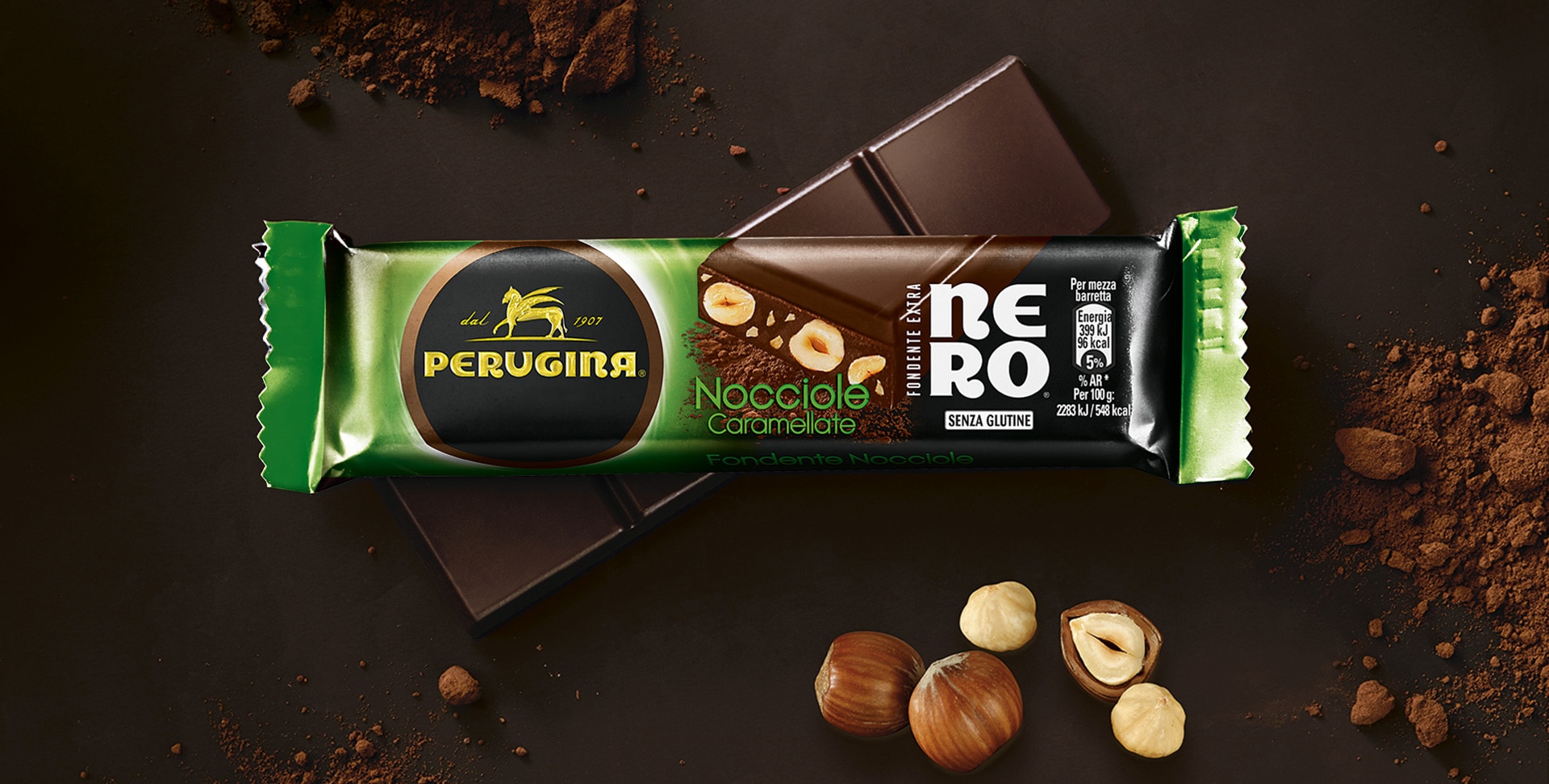 La baretta Nero Perugina con croccanti nocciole e cioccolato extra fondenter
