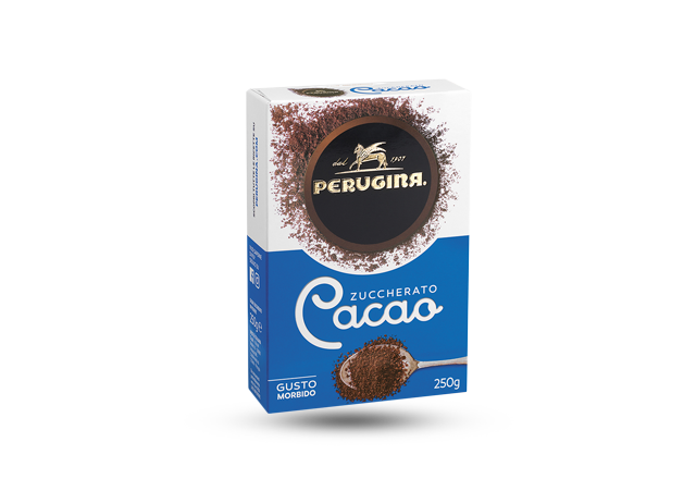 Confezione cacao Perugina zuccherato in polvere, formato da 250 grammi.