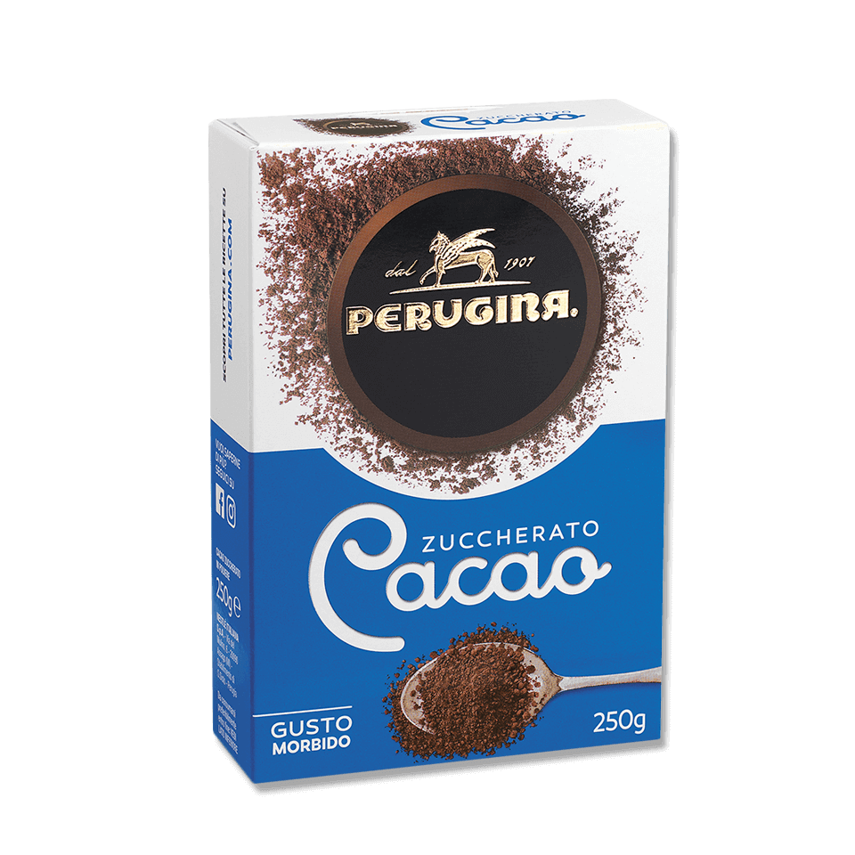 Confezione cacao Perugina zuccherato in polvere, formato da 250 grammi.