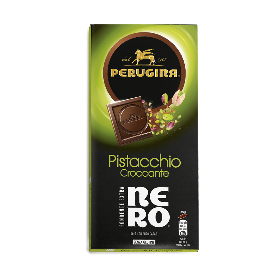 Nero Perugina cioccolato Fondente con granella di pistacchio.