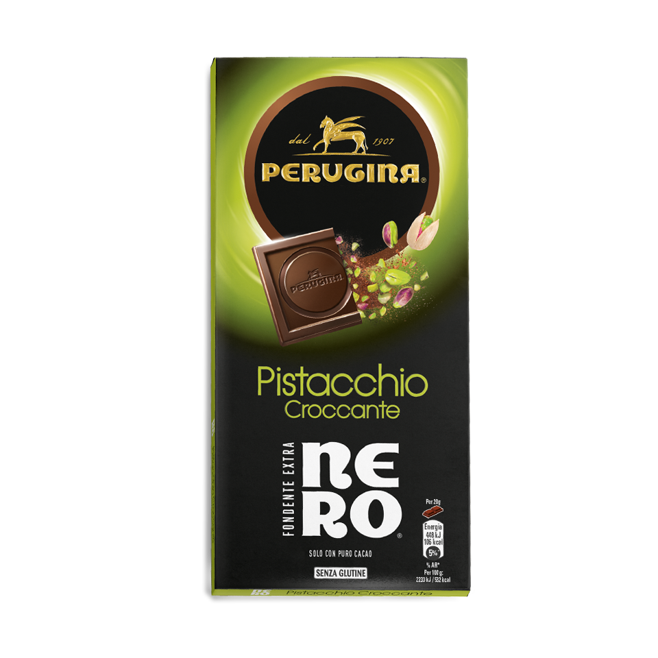 Nero Perugina cioccolato Fondente con granella di pistacchio. Nero Perugina cioccolato Fondente con granella di pistacchio.