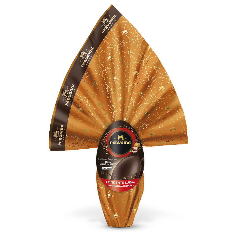 Prova il cioccolato fondente che si unisce alle Nocciole Uovo di cioccolato fondente extra con granella di nocciole caramellata.