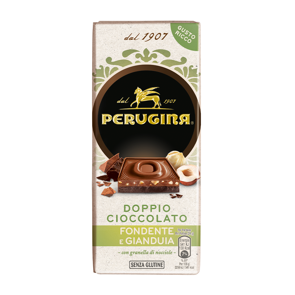 Scopri il gusto inimitabile della tavoletta al cioccolato fondente e gianduia con granella di nocciole di Perugina Tavoletta di cioccolato fondente e gianduia Perugina
