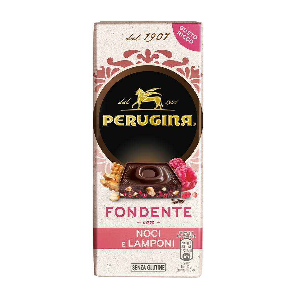 Scopri il gusto inimitabile della tavoletta di cioccolato fondente con noci e lamponi di Perugina Tavoletta di cioccolato fondente noci e lamponi Perugina