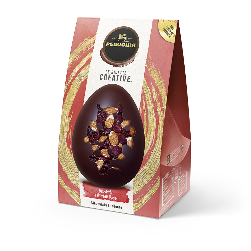 Prova l’irresistibile cioccolato fondente Perugina con un mix di mandorle e mirtilli Uovo di cioccolato fondente extra con mix di mandorle e mirtilli rossi da 250g