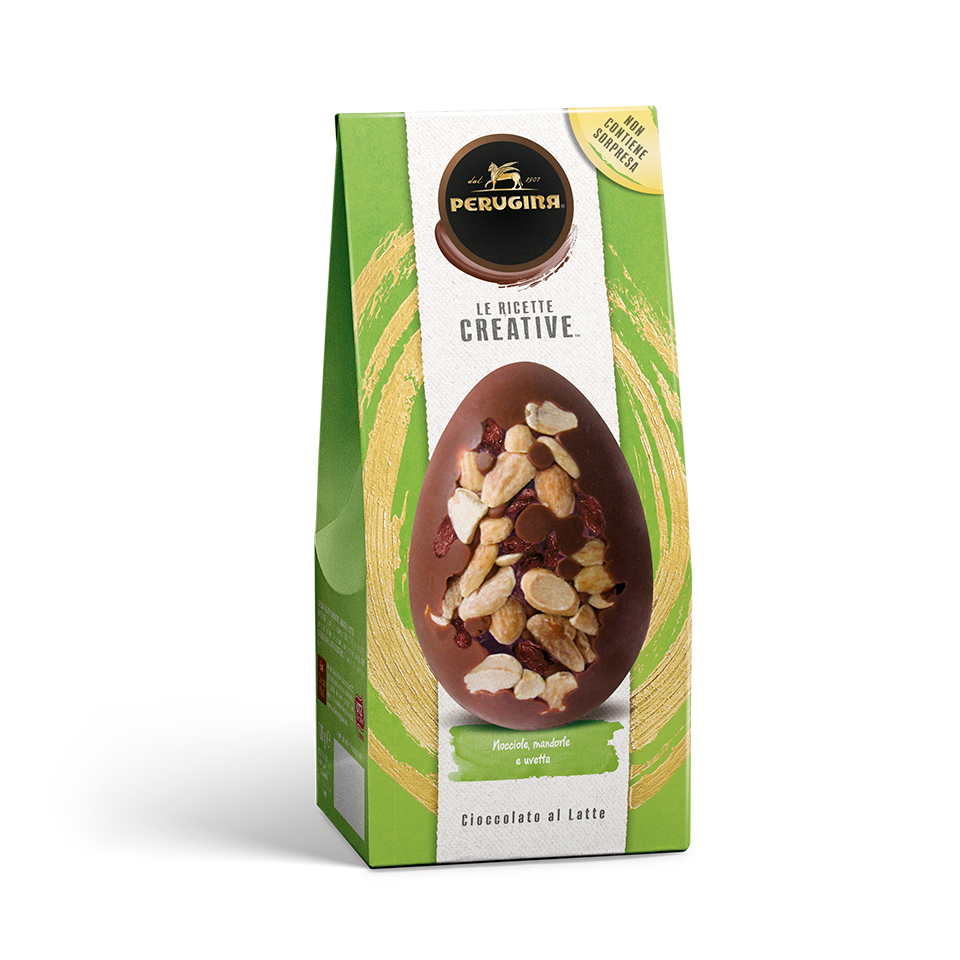 Scopri l’irresistibile cioccolato al latte con nocciole, mandorle e uvetta Uovo di cioccolato al latte con mix di nocciole, mandorle e uvetta da 100g