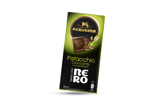 Nero Perugina cioccolato Fondente con granella di pistacchio.