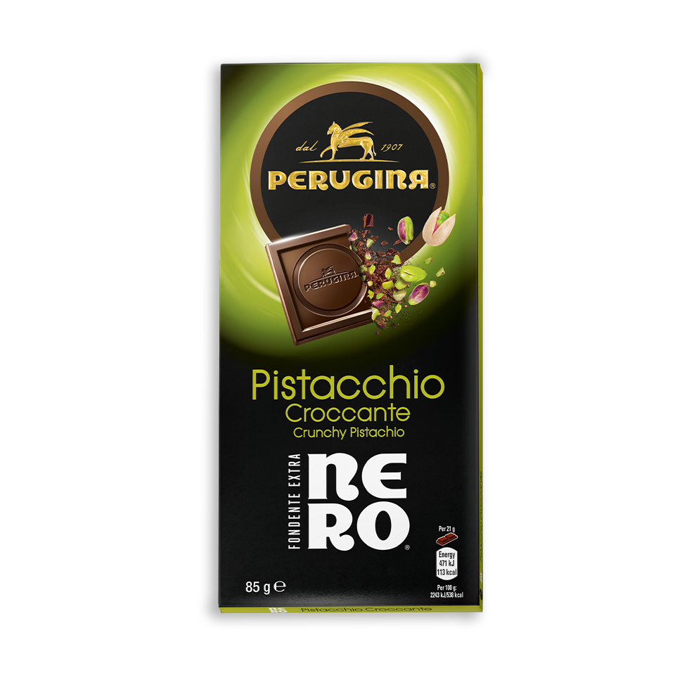 Nero Perugina cioccolato Fondente con granella di pistacchio. Nero Perugina cioccolato Fondente con granella di pistacchio.