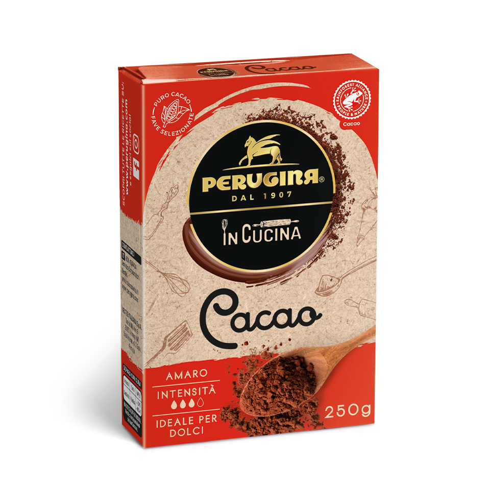 Confezione cacao Perugina amaro in polvere, formato da 250 grammi.