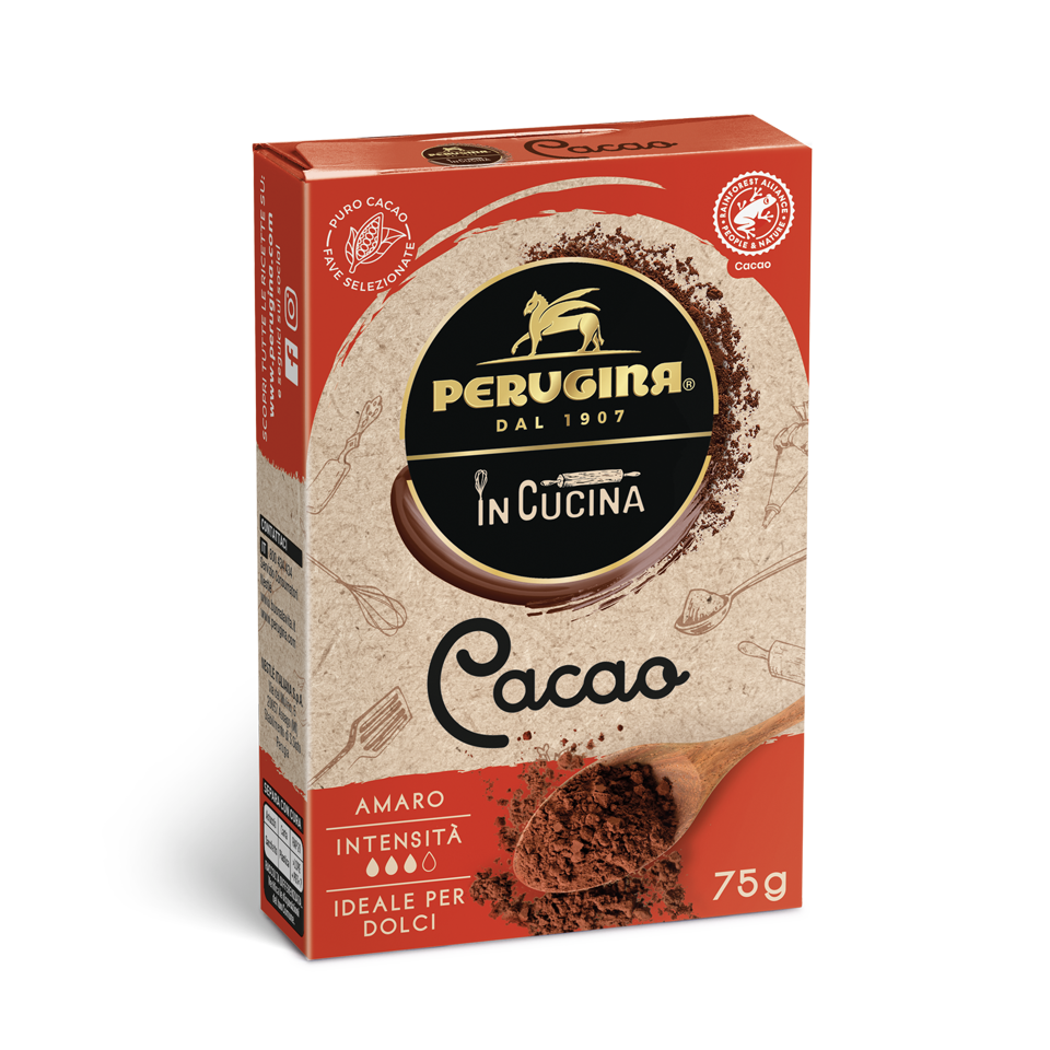 Confezione cacao Perugina amaro in polvere, formato da 75 grammi.