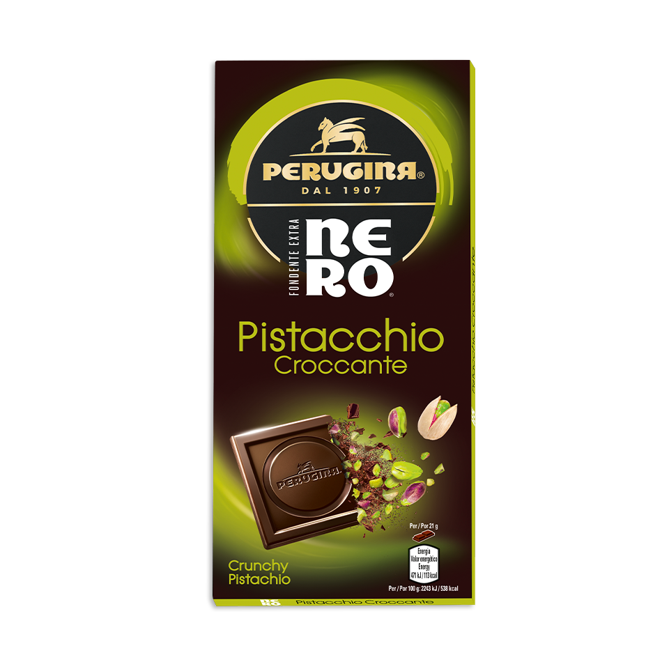 Nero Perugina cioccolato Fondente con granella di pistacchio.