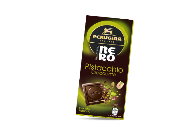 Nero Perugina cioccolato Fondente con granella di pistacchio.