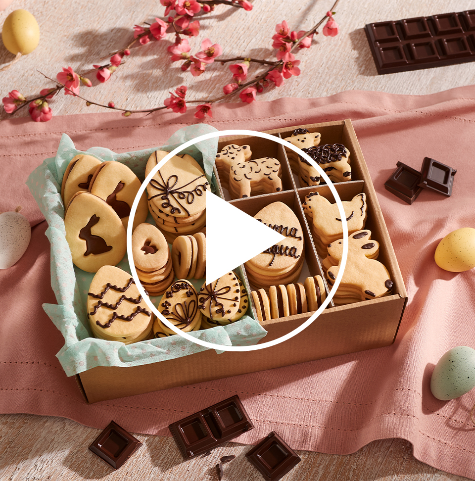 Scatola con biscotti di Pasqua farciti con cioccolato Perugina